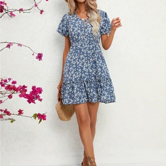 Women's Vneck Floral Summer  Short Sleeve High Waist Slim  Ditsy sz Large - Picture 1 of 15